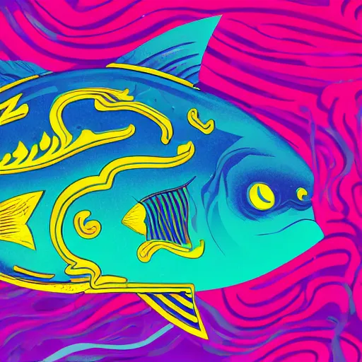 Image similar to one stylized fish with saturated colors viewed in profile in the dark ocean filled with complex sparkles and patterns, artstation, intricate, realistic, highly detailed, digital painting, concept art, sharp focus, cut out, illustration by tom whalen and charles williams and kilian eng and james jean
