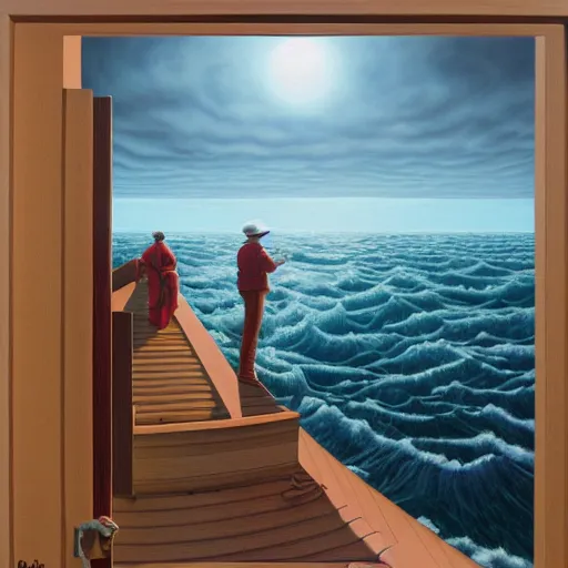 Image similar to a gust of sea air pushed open the door and the ship by jeffrey smith, oil on canvas