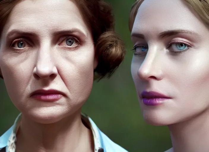 Image similar to cinematic mid shot of a high detail, refined woman's face looking off camera. fine facial features. she stands in an empty, pastel colourful 3 d, forrest scene, shallow depth of field, at the scene of a crime, by jeffrey smart and gregory crewdson and edward hopper, inspired by the grand budapest hotel