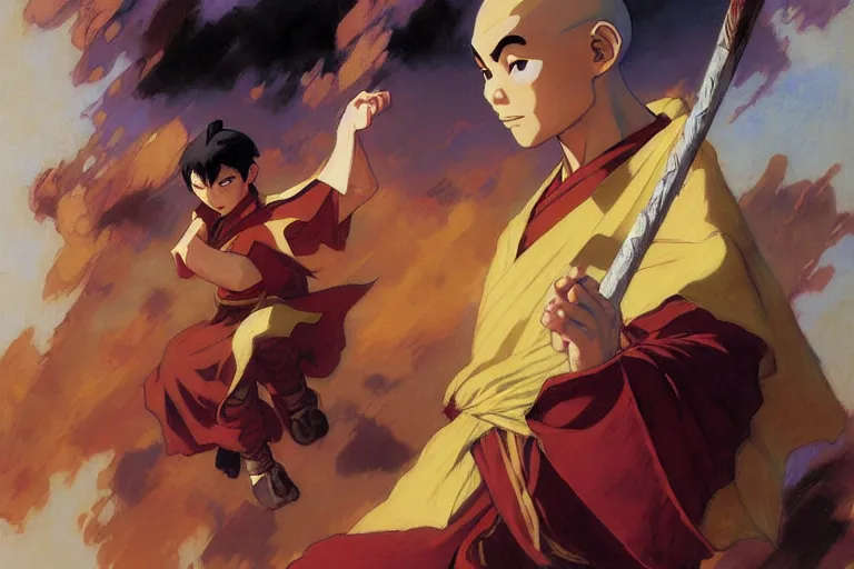 Image similar to the last airbender, atla, bald, painting by gaston bussiere, craig mullins, j. c. leyendecker