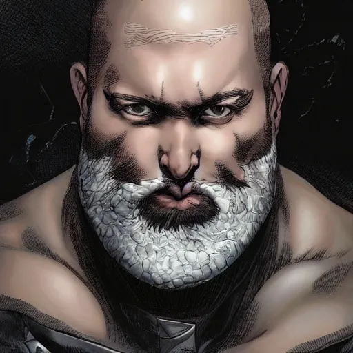 Prompt: chonky ethan van sciver with a bald head, grey trimmed beard l and a pointy nose, riding on a sad dark horse, full view, beautiful artwork by artgerm and rutkowski, breathtaking, beautifully lit, dramatic, full view