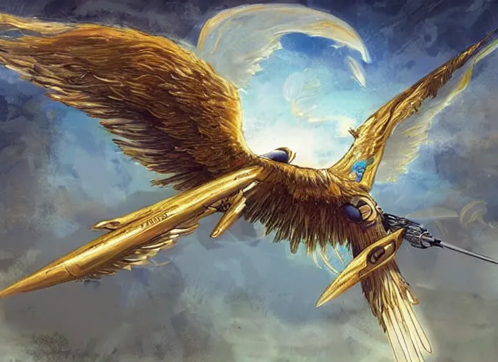 Prompt: concept art of an angelic apache fighter jet with golden feathery bird wings with ornate rococo patterns flying over an enchanted forest, solarpunk, fantasy art, art book