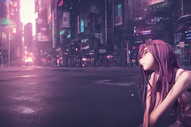 Image similar to professional close-up photo of an anime girl with long hair on the busy streets of a dystopian futuristic city with pedestrians, 4k, octane render, Unreal Engine