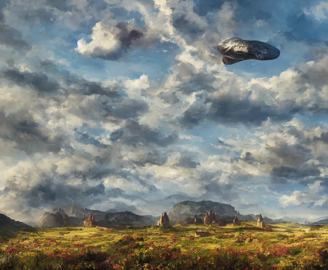 Prompt: Vast verdant empty flat valley surrounded by Transylvanian mountains. A huge zeppelin in the sky among colorful clouds. A ruined medieval castle on the hillside in the background. No villages or buildings. Late warm evening light in the summer, gloomy weather. High quality, fantasy art by Rhads.