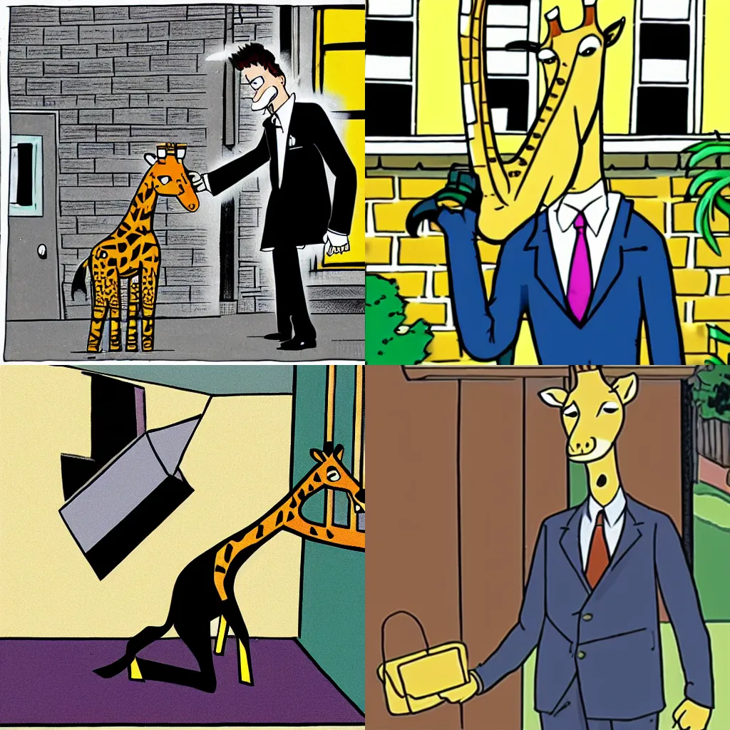 Prompt: Giraffe in a black suit, dismissing a case in the courtyard, 90s cartoon