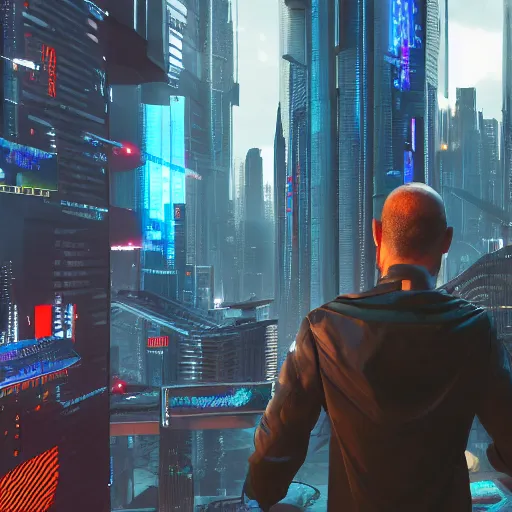 Image similar to ''Adam, first human on earth, in ten thousand years looks at the cyberpunk city of the future. hyper-realistic, octane render, 8k''