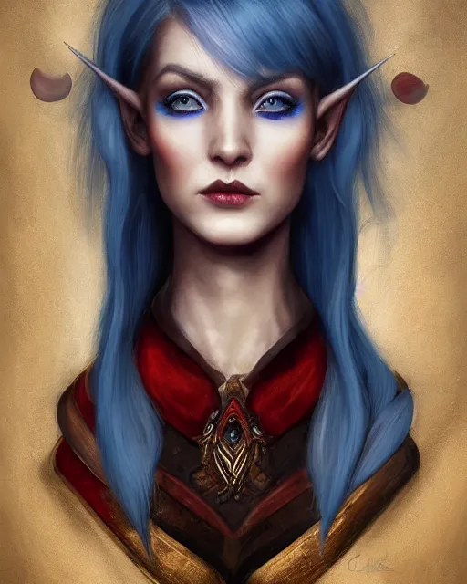 Prompt: A detailed matte oil on canvas head on symmetrical portrait of a distinguished elven woman with blue and red hair, (((((makeup))))) and ((((eye shadow)))) by Charlie bowater and lise deharme wlop, trending on artstationhd, dungeons and dragons art, critical role, split hair dye, half and half dye, two tone dye