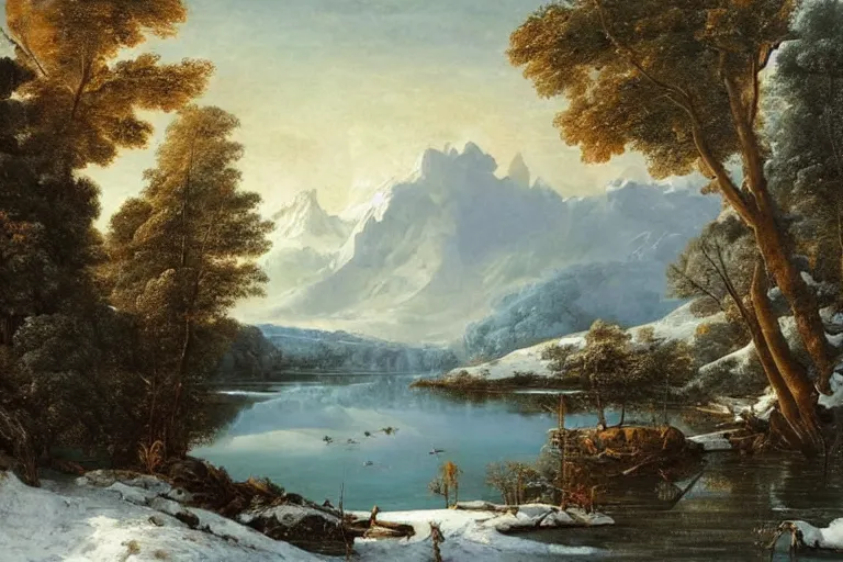 Image similar to beautiful landscape with winter and lake and tropical trees, mythology, fantasy, landscape background, vivid colors, digital painting, very detailed, realistic, high quality, by claude lorrain