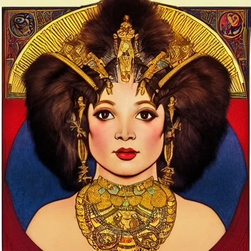 Image similar to portrait of a Chibcha gold goddess by Kowalski and Heckel and Ríos and Rutkowski and Mucha and Brom and Miller and Botero and Dalí and El Greco and Gutiérrez