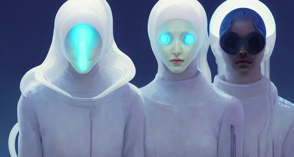 Image similar to portrait of yael shelbia and kang seul - gi, venus squid astronaut, burka, white hair, intricate design details. cyberpunk symmetrical facial, by ruan jia and beeple. smooth gradients, deep space.