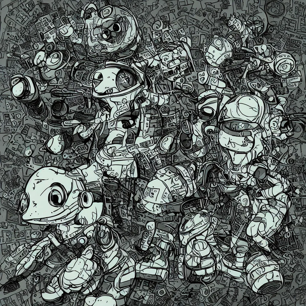 Image similar to a toad wearing headphones, ryuta ueda artwork, breakcore, style of jet set radio, y 2 k, gloom, space, cel - shaded art style, sacred geometry, data, minimal, code, cybernetic, dark, eerie, cyber