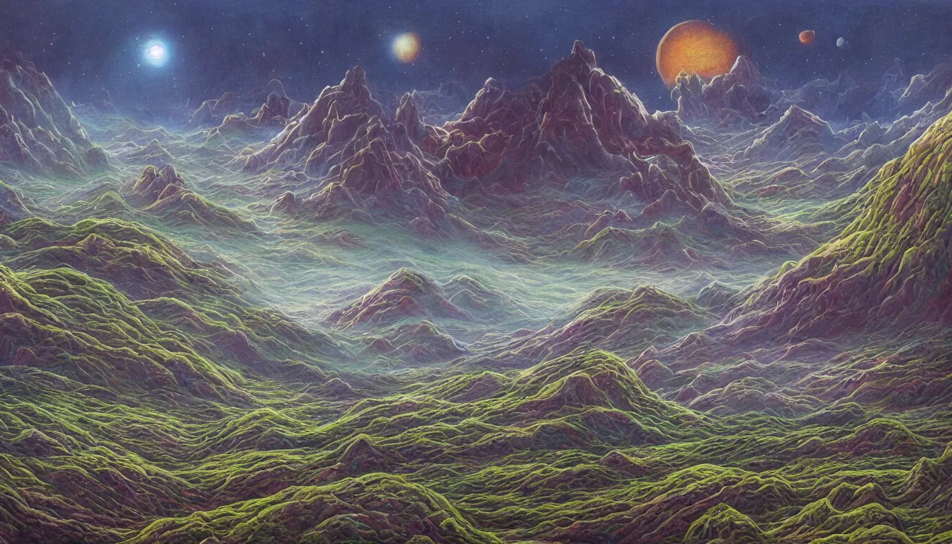 Prompt: highly detailed painting of an alien landscape, surreal