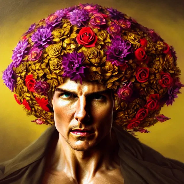 Image similar to bizarre surreal renaissance portrait of tom cruise as a box made out various flowers, dramatic cinematic lighting, bold colors, 8 k, beautiful intricate painting, hyper realistic, octane render