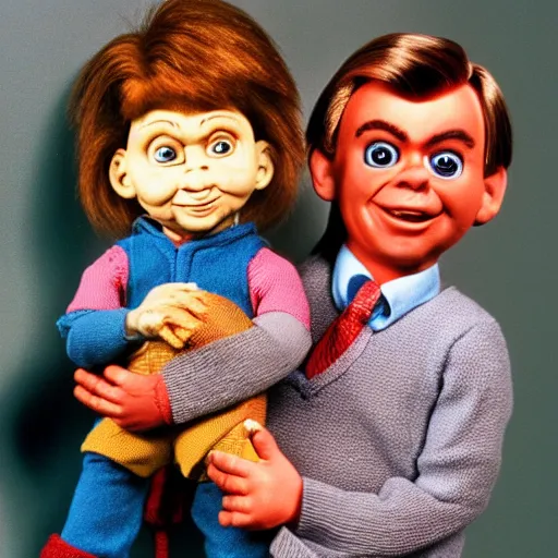 Image similar to Mr. Rogers holding a Chucky doll from the movie Child's Play from 1988 highly detailed 8k hdr