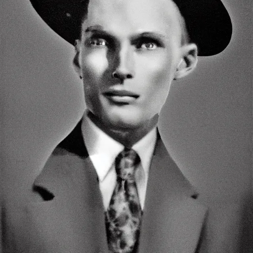 Image similar to A photograph portrait of Jerma985 wearing a suit with and fedora in the 1940s, taken in the early 1940s, grainy, taken on a 940s Kodak Camera, realistic, hyperrealistic, very realistic, highly detailed, very detailed, extremely detailed, detailed, digital art, trending on artstation