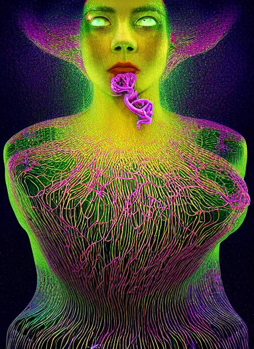 Image similar to hyper detailed 3d render like a Oil painting - Aurora (Singer) Eats of the Strangling network of lomochrome Fruit and Her delicate Hands hold of gossamer polyp blossoms bring iridescent fungal flowers whose spores black the foolish stars by Jacek Yerka, Mariusz Lewandowski, Houdini algorithmic generative render, Abstract brush strokes, Masterpiece, Edward Hopper and James Gilleard, Zdzislaw Beksinski, Mark Ryden, Wolfgang Lettl, hints of Yayoi Kasuma, octane render, 8k