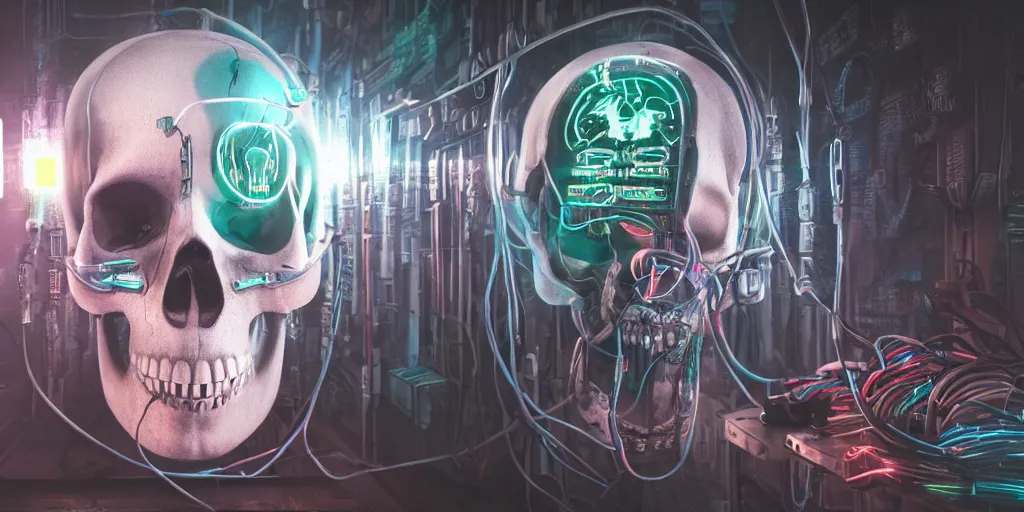 Image similar to a photorealistic cyberpunk skull with electronic wires and cables coming out of it, eyes lighting up with LED lights, in a seedy cellar lab, vaporwave, scifi, trending on artstation, 4K, cinematic, epic lighting, UHD, HDR