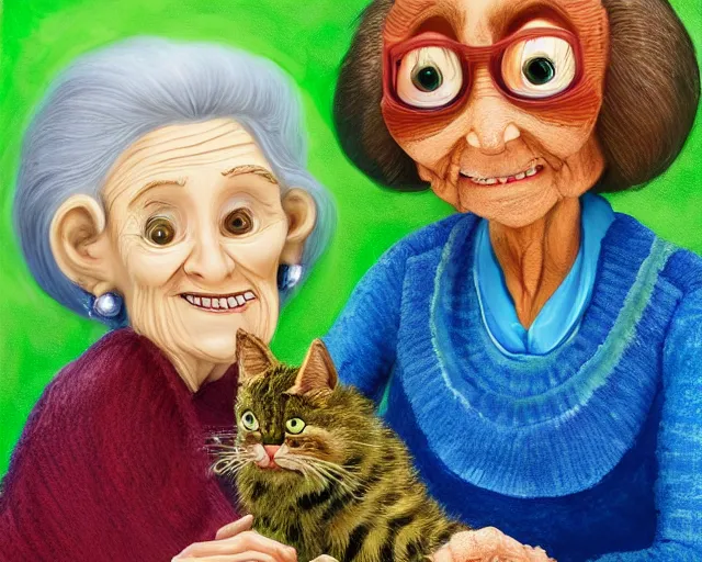 Image similar to detailed portrait of a nice old lady and her plant cat, pixar, sharp high quality