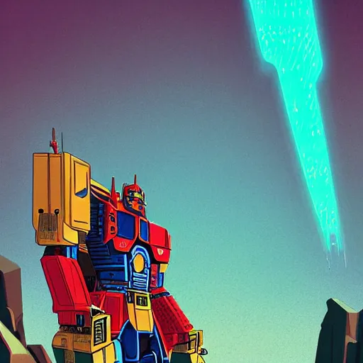 Image similar to optimus prime standing in the desert by kilian eng