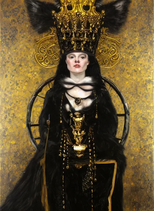 Image similar to highly detailed oil painting | very intricate | cinematic lighting | black, white and gold color scheme, dark background | a humanoid cat king with a crown | by roberto ferri, by gustav moreau, by singer sargent and klimt, american romanticism, occult art | by austin osman spare, artstation, cgsociety, official art, octane
