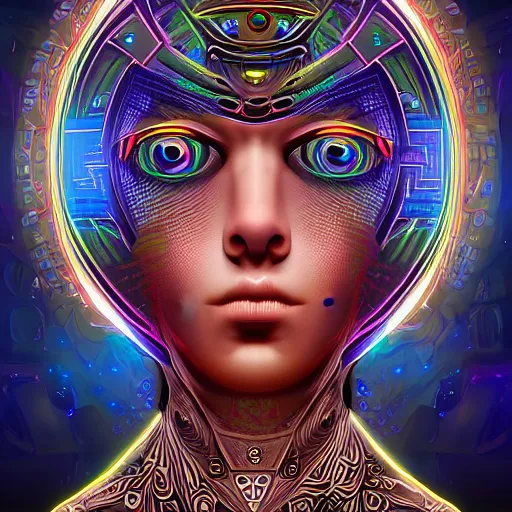 Prompt: portrait of a future metaverse tech shaman warrior, 2D cartoon, visionary art, symmetric, Magick symbols, holy halo, shipibo patterns, sci-fi, concept art, trending on art station, 8k digital art