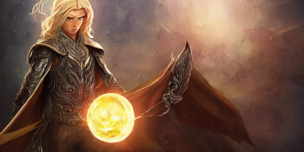 Image similar to a male elven sorcerer with honey blond medium long hair in a leather armor, wearing a cape, holding a glowing orb, dungeon background, magical, bright, colorful, fantastic lighting, amazing details, 4 k uhd, illustration by hayao miyazaki and makoto shinkai and ilya kuvshinov, artstation, pixiv,