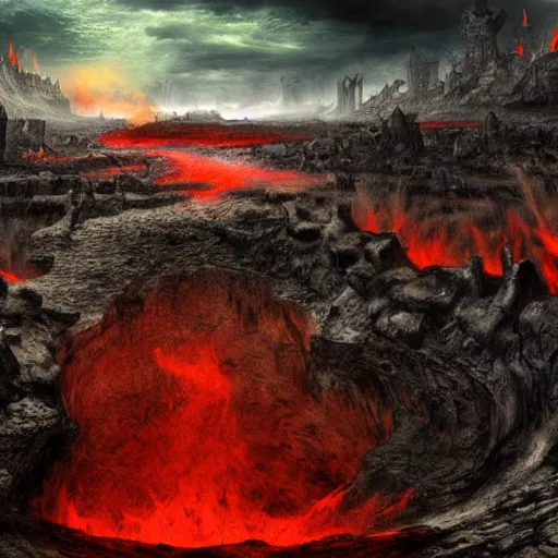 Image similar to wide landscape in hell, river styx, lava, ruins, fortresses, dark, hellscape, digital art
