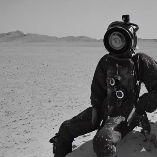 Prompt: a man wearing an old diving suit, in the desert, arriflex 35