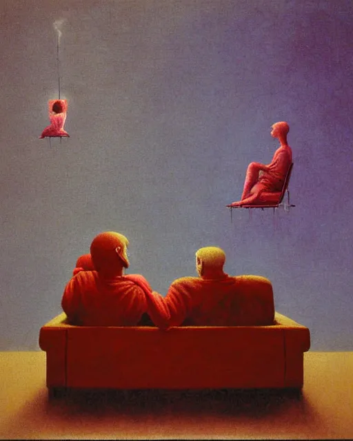 Prompt: early color photo of an old dead couple sitting on a couch in an old soviet apartment and looking at the scared enlightened boy flying up in sky, Beksinski painting, part by Adrian Ghenie and Gerhard Richter. art by Takato Yamamoto, Francis Bacon masterpiece