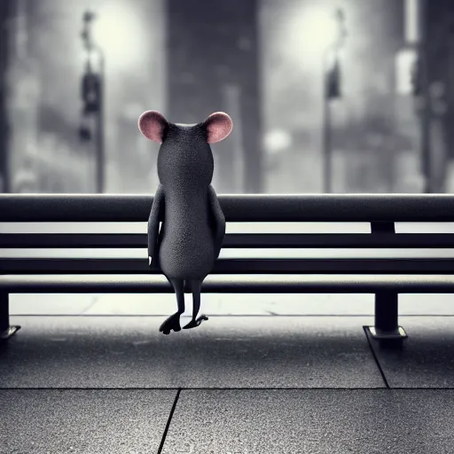 Image similar to depressed anthropomorphic rat, 3 d, render, movie scene, sad, lonely, moody lighting, wearing a fur coat, in the rain, at night, sitting on a park bench