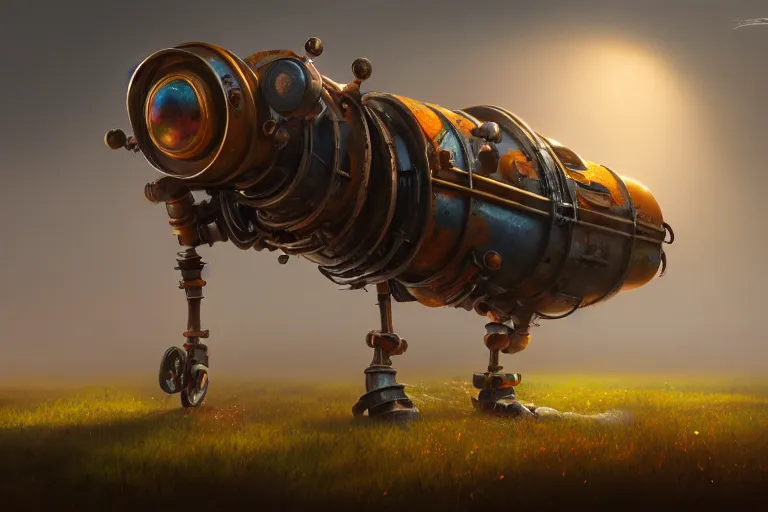 Image similar to a walking magic house with two mechanical legs, rust, hyperrealistic, highly detailed, cinematic, single ray of sun, fog, beautiful, cgssociety, artstation, 8 k, oil painting