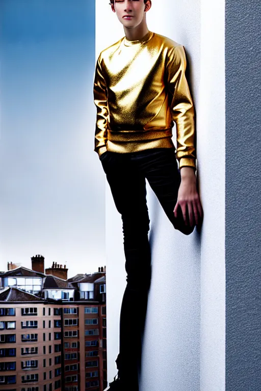 Image similar to un ultra high definition studio quality photographic art portrait of a young man standing on the rooftop of a british apartment building wearing soft padded silver pearlescent clothing. three point light. extremely detailed. golden ratio, ray tracing, volumetric light, shallow depth of field. set dressed.