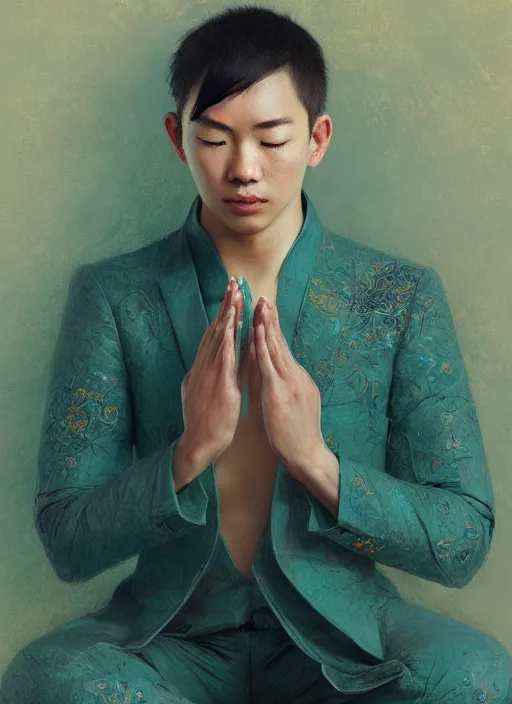 Prompt: boy, asian, meditating in lotus position, teal suit, intricate, elegant, highly detailed, artstation, sharp focus, illustration, ruan jia, mandy jurgens, rutkowski, mucha