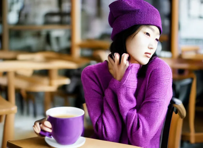 Image similar to young adult korean woman in a coffee shop wearing a beanie and a purple sweater designed by zaha hadid, natural light, magazine photo, 5 0 mm