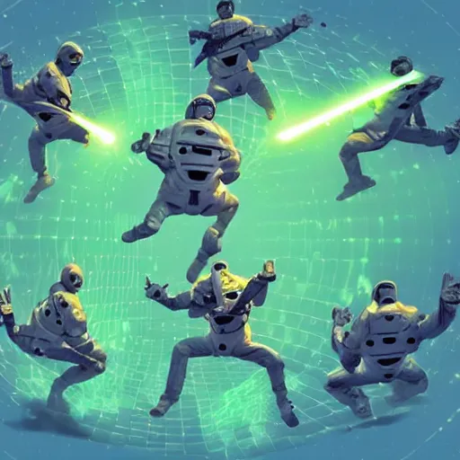 Image similar to futuristic soldiers in spacesuits firing lasers in zero gravity, floating polygon shapes as obstacles, surrounded by a laser grid