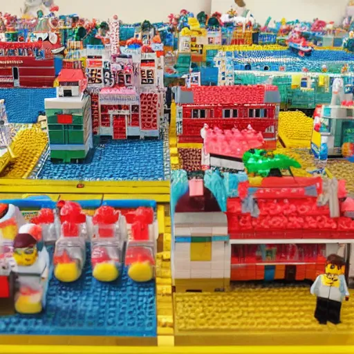 Image similar to Lego City overrun by thousands of jelly beans, old collection, verisimilitudinous