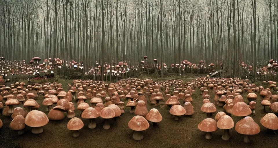 Image similar to A tribal village in a forest of giant mushrooms, by Gottfried Helnwein