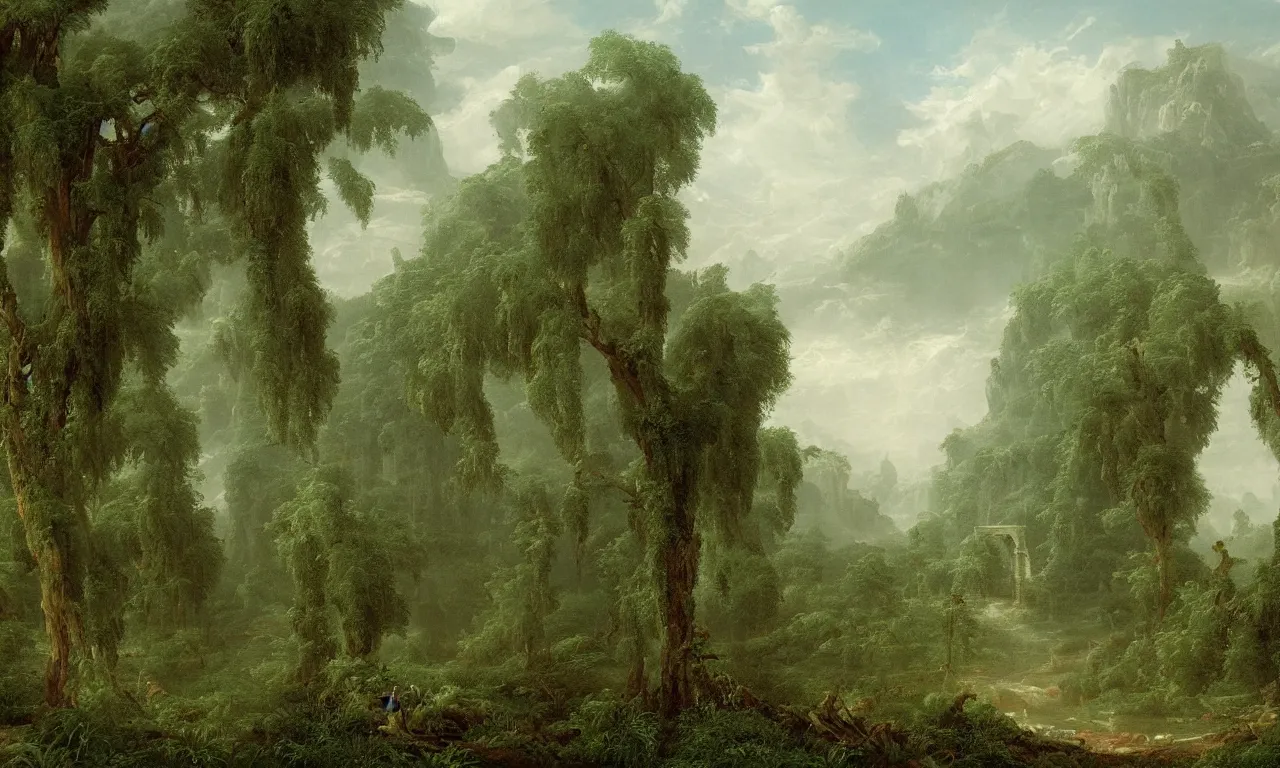 Image similar to antique ruined city, landscape by weeping willows, misty garden, thomas cole, lord of the ring, intricate details