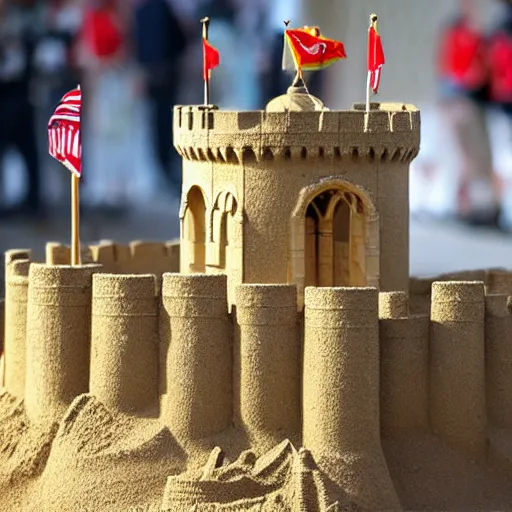 Prompt: full - size changing of the guard inside tower of london sandcastle, tiltshift