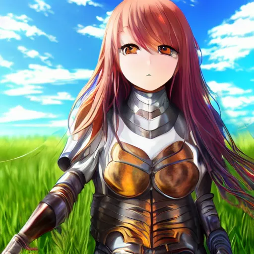 Prompt: anime girl with copper wings and armor, selfie, extremely detailed, beautiful, grass, sky, clouds, sunny, reflective, sharp focus, cinematic lighting, intense, cheerful,