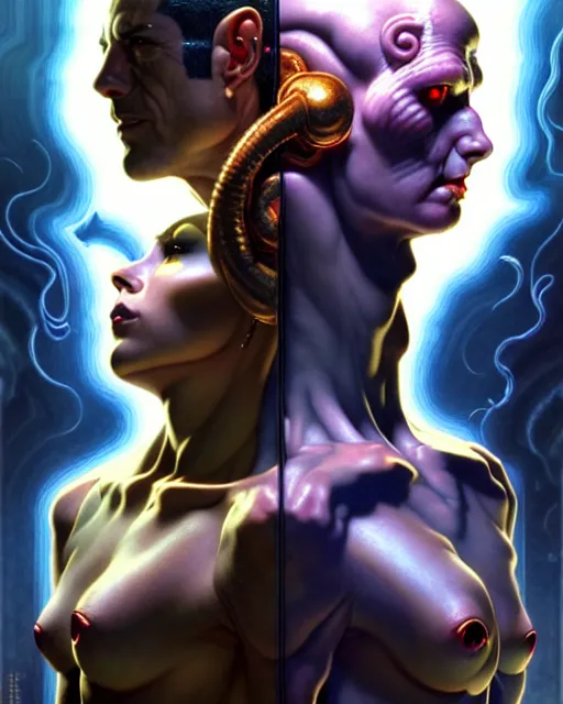 Image similar to a portrait of gemini good and evil fantasy character portrait facing each other, ultra realistic, wide angle, intricate details, the fifth element artifacts, highly detailed by peter mohrbacher, hajime sorayama, wayne barlowe, boris vallejo, aaron horkey, gaston bussiere, craig mullins