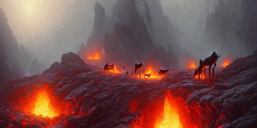 Prompt: a pack of wolves, in the hell, fire, lava, by greg rutkowski and thomas kinkade and christophe vacher. fantasy, epic, dramatic, realistic, artstation, 4 k