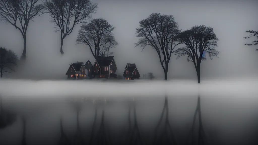 Image similar to village with beautiful houses in the fog on the lake, fog, volumetric lighting, mystique, atmospheric, conept art, sharp focus, ultra detailed, noir arthouse, 4 k, luminous details, cinematic, 3 5 mm, fujifilm