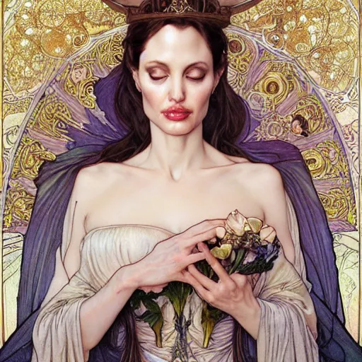 Prompt: realistic detailed face portrait of Angelina Jolie as a beautiful young fairy tale Medieval Queen by Alphonse Mucha, Ayami Kojima, Amano, Charlie Bowater, Karol Bak, Greg Hildebrandt, Jean Delville, and Mark Brooks, Art Nouveau, Neo-Gothic, Surreality, gothic, rich deep moody colors