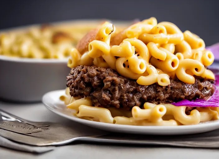 Image similar to dslr food photograph of hamburger over a bed of macaroni and cheese, thanos themed 8 5 mm f 1. 8
