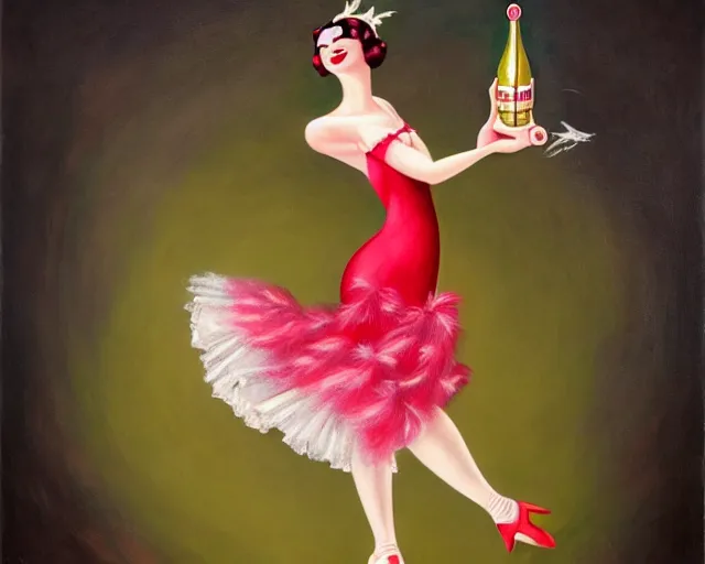 Prompt: a 1 9 3 0 s cancan dancer with a big bottle of champagne in art deco style, nicoletta ceccoli, mark ryden, lostfish, max fleischer, hyper realistic, artstation, illustration, digital paint, matte paint, vivid colors, bright, cheerful, detailed and intricate environment