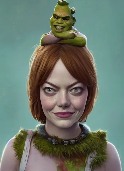 Image similar to portrait of emma stone as shrek, naturel, hyper detailed, digital art, trending in artstation, cinematic lighting, studio quality, smooth render, unreal engine 5 rendered, octane rendered, art style by klimt and nixeu and ian sprigger and wlop and krenz cushart.