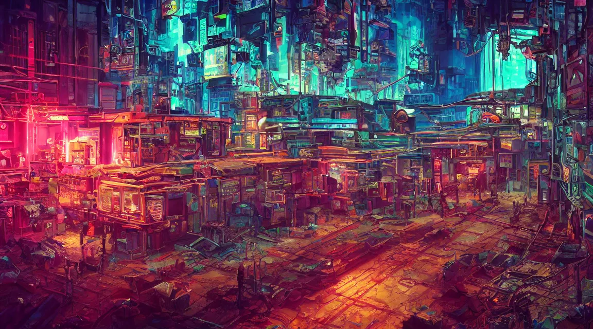 Prompt: post apocalyptic building, cyberpunk neon retro, by Vladimir Manyukhin, by Simon Stålenhag, by Guido Borelli, deviantart, trending on artstation, Photorealistic, vivid colors, polychromatic, glowing neon, geometric, concept art digital illustration, polished, beautiful, HDR Unreal Engine 64 megapixels IMAX Terragen 4.0, 8k resolution concept art filmic complex utopian mysterious moody futuristic