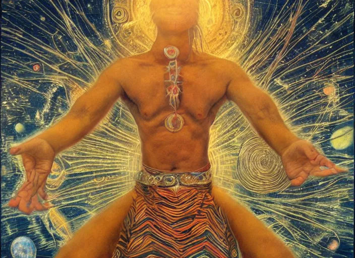 Image similar to A shaman holding up the universe, by Amanda Sage, reflection, symbolist, soft colors, dramatic lighting, smooth, sharp focus, extremely detailed, aesthetically pleasing composition
