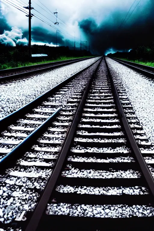 Image similar to shiny metal train track through clouds, award winning cinematic still